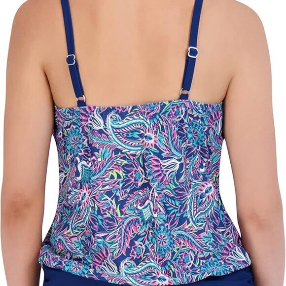 CARIBBEAN JOE BLUE PINK FLORAL RUCHED HIGH-CUT TANKINI 2-PC SET SIZE 12 NWT - Picture 2 of 12